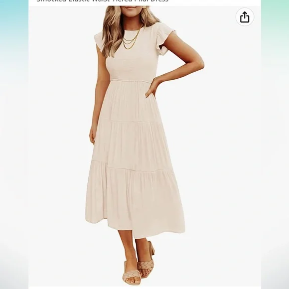 Amazon Short Sleeve Crew Neck Tiered Midi Dress - Picture 2 of 3